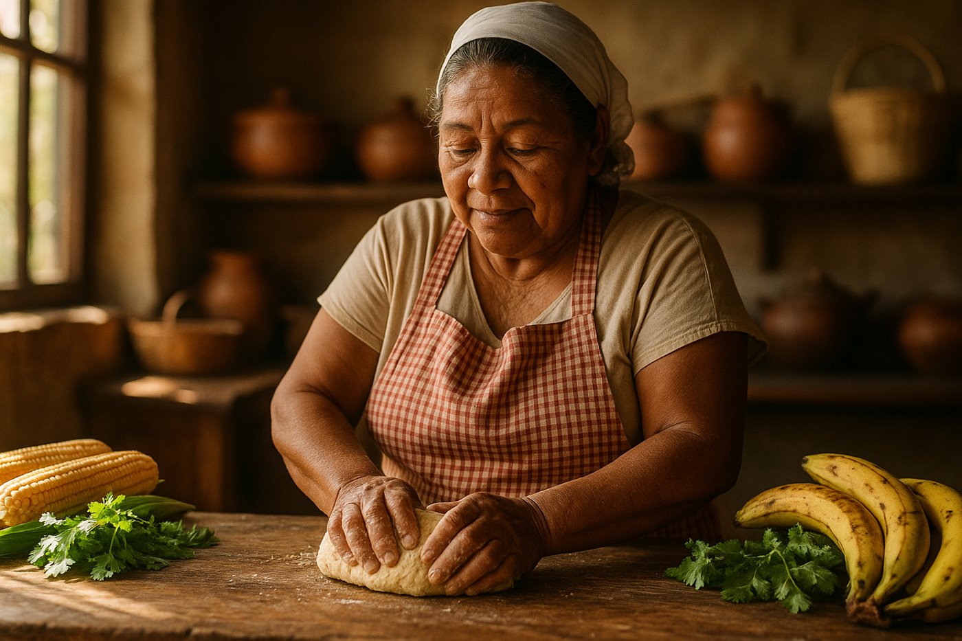 La seña Herminia enseñando una clase de cocina, amasando junto a maíz, plátanos y culantro frescos