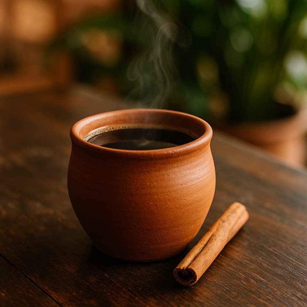 Café de olla humeante en taza de barro con canela
