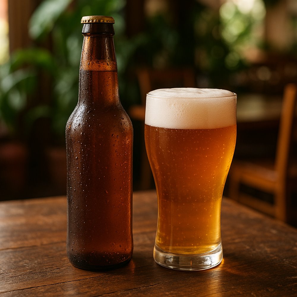 Cerveza nacional bien fría, botella y vaso