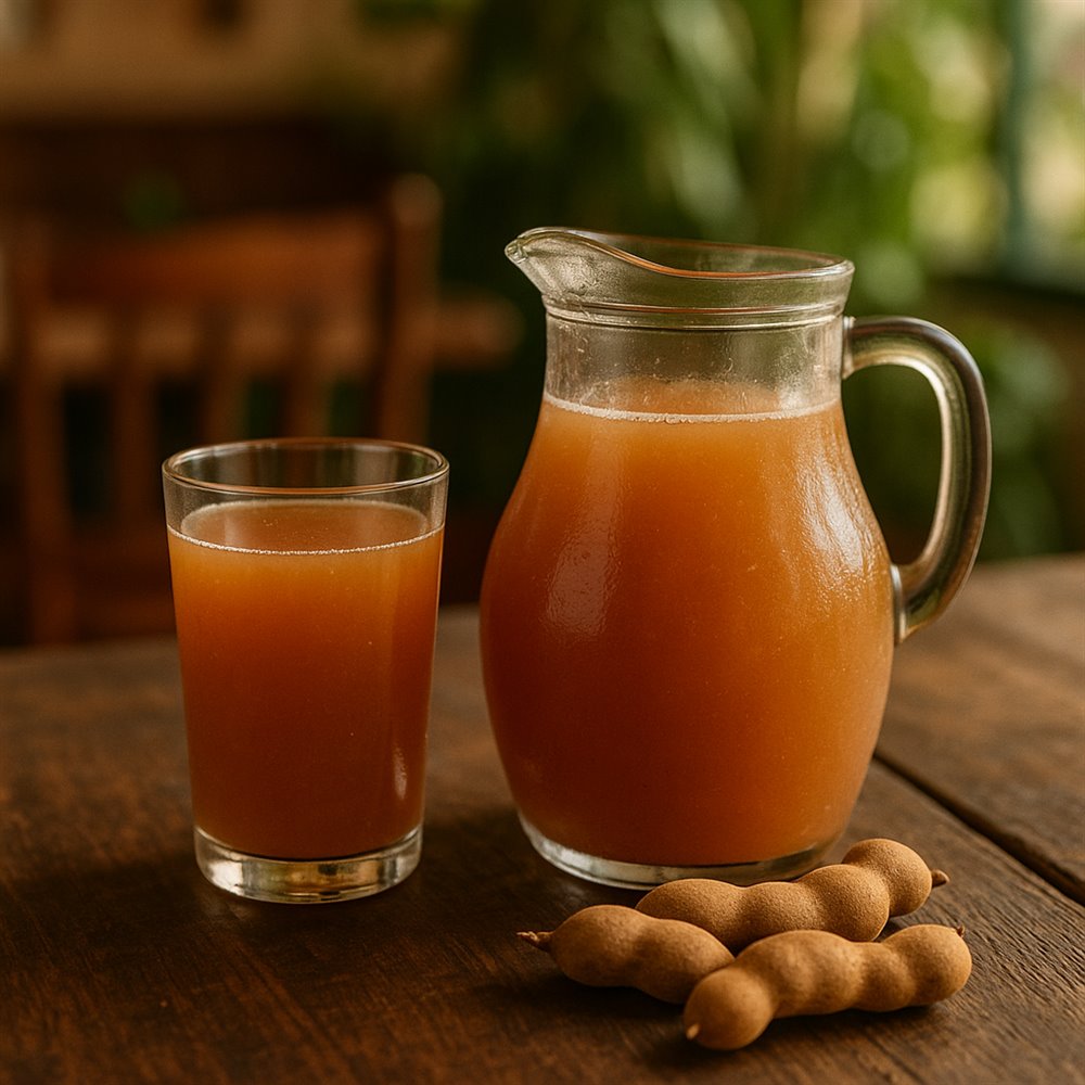 Jarra y vaso de chicha de tamarindo con vainas de tamarindo