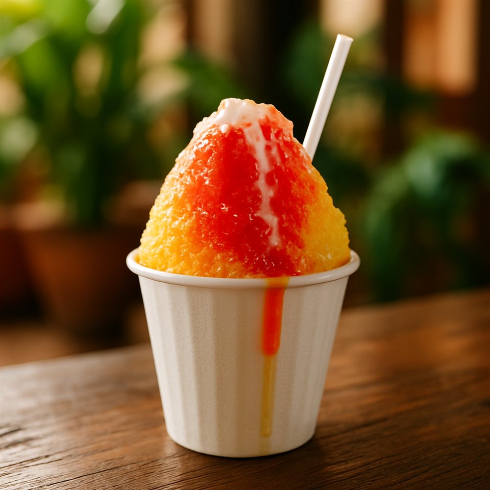 Raspao con sirope rojo y amarillo en vaso de cartón