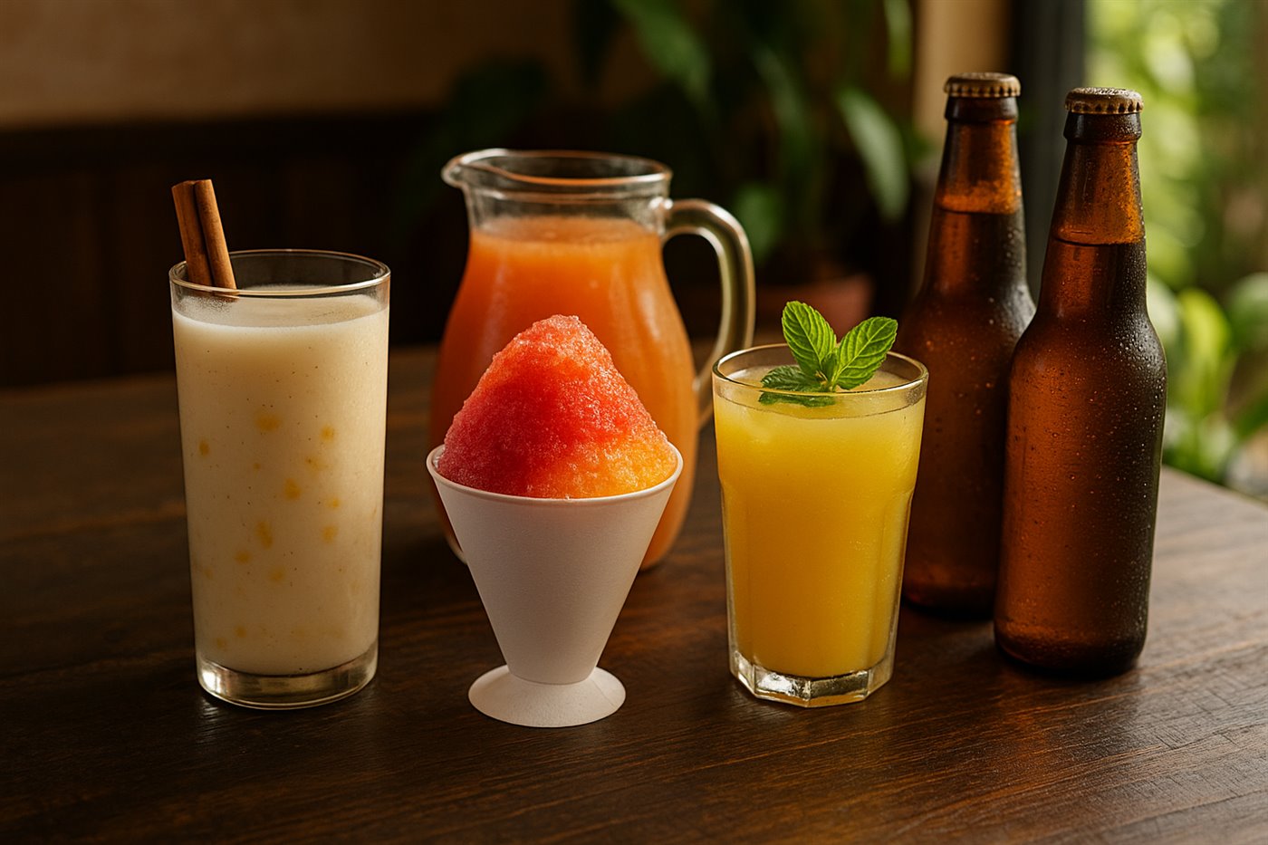 Mesa con chicheme, raspao, chicha, jugo natural y cervezas panameñas frías