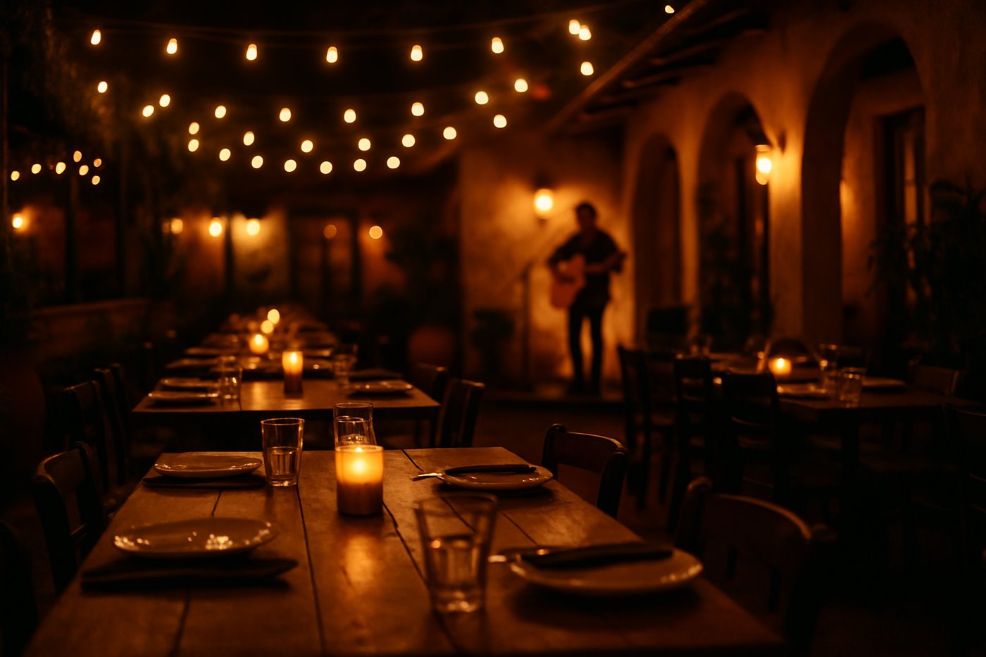 Patio de Fonda Raíces de noche con música en vivo y mesas iluminadas con velas