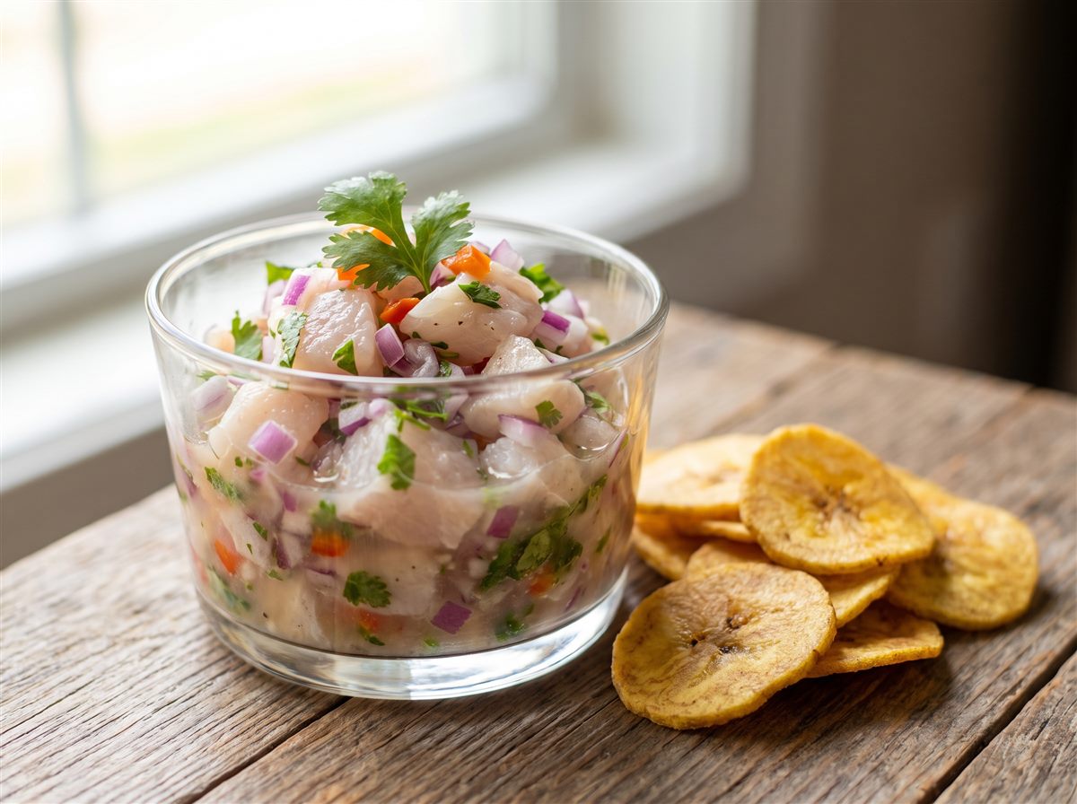 Ceviche de corvina servido en copa de vidrio con chips de plátano