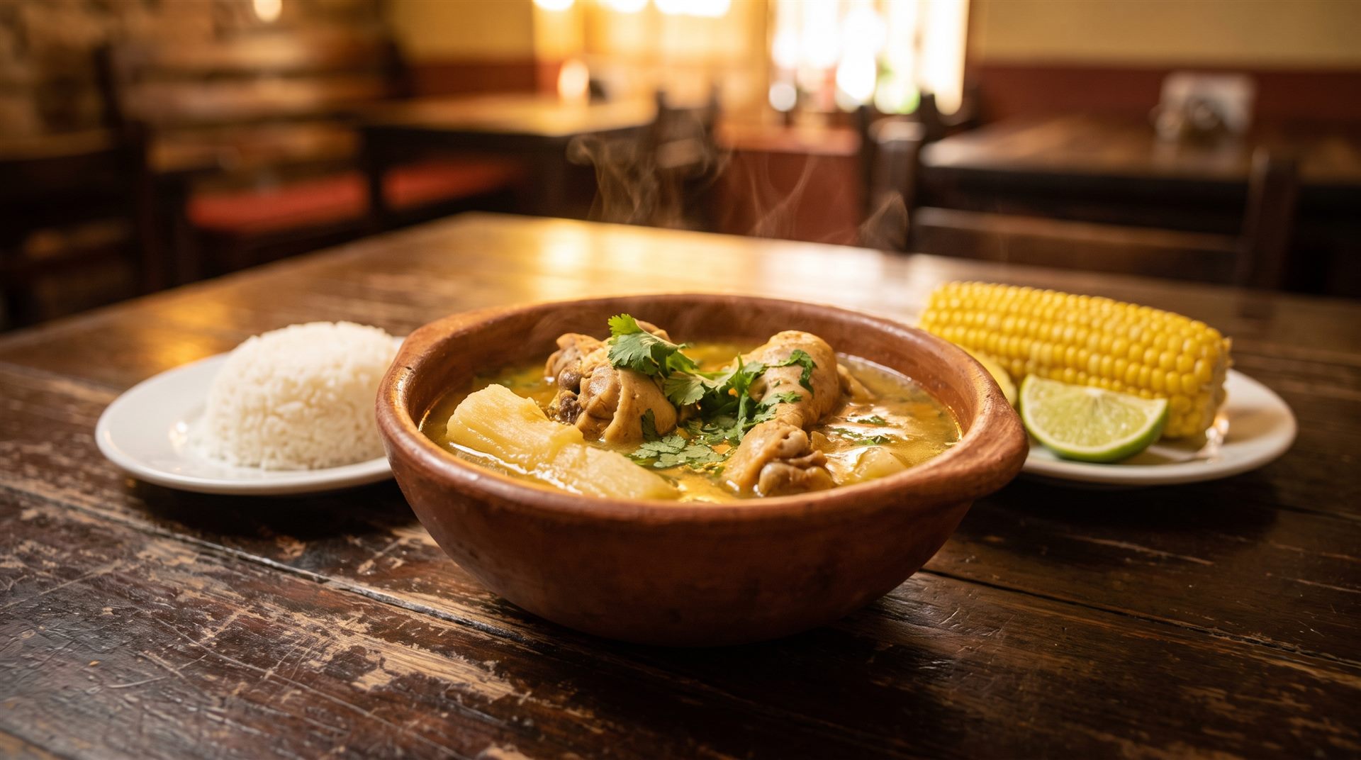 Sancocho de gallina panameño servido con arroz y limón