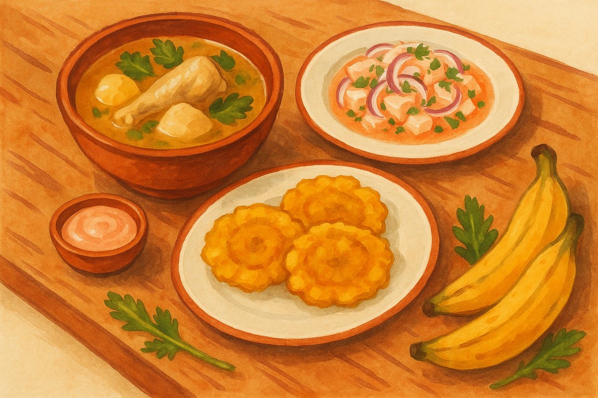 Ilustración en acuarela del sancocho, ceviche y patacones de Fonda Raíces servidos en la mesa